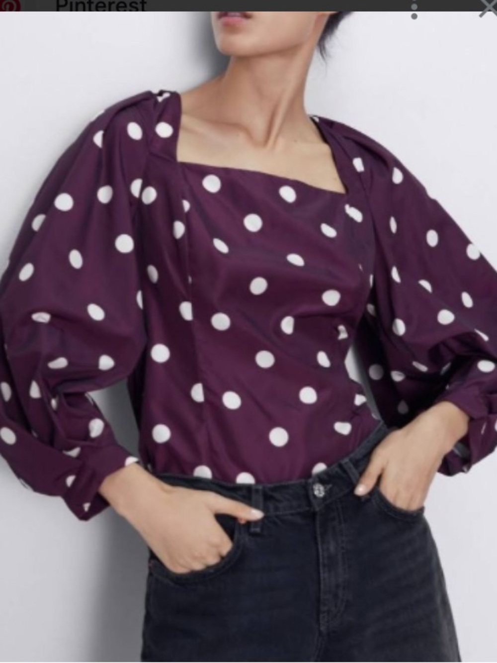 Zara Plum Polka Dot Puff-Sleeve Blouse
